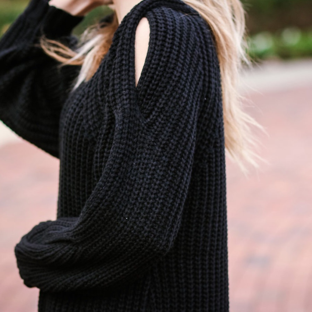 Black Chunky Knit Peek A Boo Sleeve Sweater Top